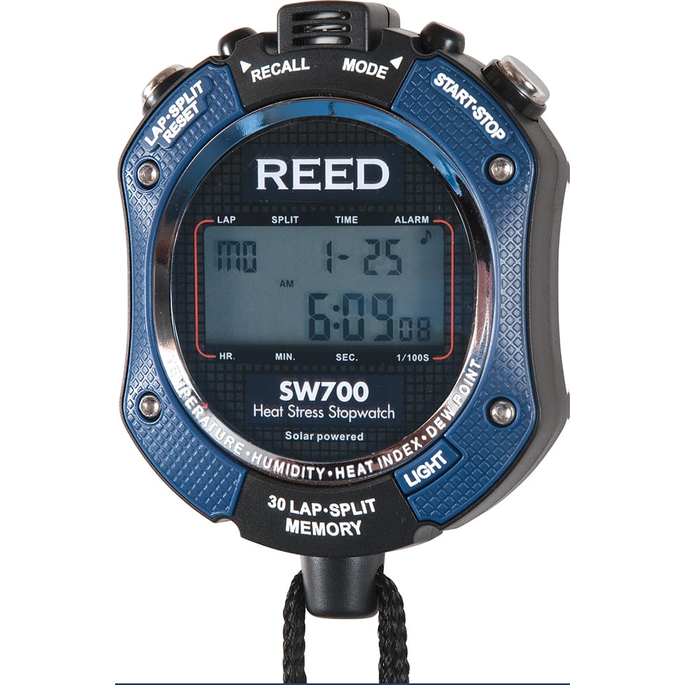 REED Instruments - Stopwatches; Type: Stopwatch/ Timer/ Clock/ Heat Stress ; Type: Stopwatch/ Timer/ Clock/ Heat Stress ; Color: Blue ; Battery Type: CR2032; Solar ; Functions: Time, Temperature, Humidity, Heat Index, Lap, Split Time, Countdown, Alarm ; - Exact Tooling