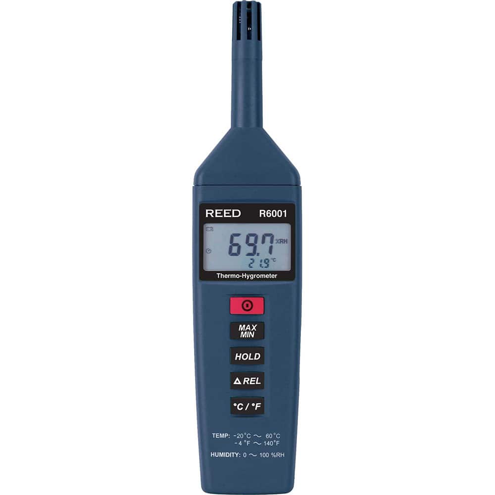 REED Instruments - Thermometer/Hygrometers & Barometers; Type: Thermo-Hygrometer ; Minimum Relative Humidity (%): 0 ; Maximum Relative Humidity (%): 100.00 ; Minimum Temperature (C): -20.00 ; Minimum Temperature (F): -4.000 ; Maximum Temperature (C): 60. - Exact Tooling