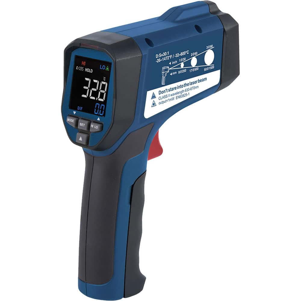REED Instruments - Infrared Thermometers; Minimum Temperature (C): -32.00 ; Minimum Temperature (F): -26.000 ; Maximum Temperature (C): 800.00 ; Maximum Temperature (F): 1472.000 ; Distance to Spot Ratio: 30:1 ; Power Supply: (1) 9V Battery - Exact Tooling