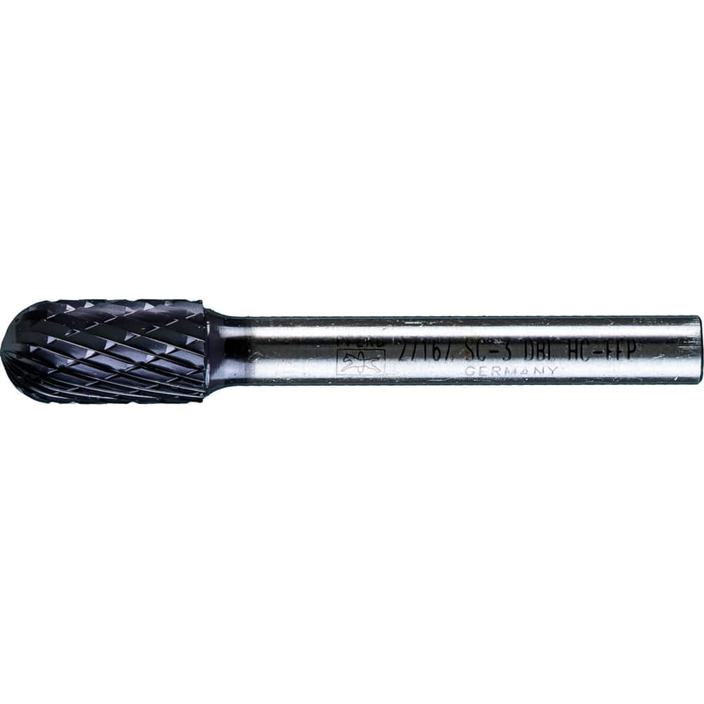 PFERD - SC-3, 3/8" Cut Diam, 1/4" Shank Diam, Carbide Double Cut Cylinder with Radius End Burr - Exact Tooling