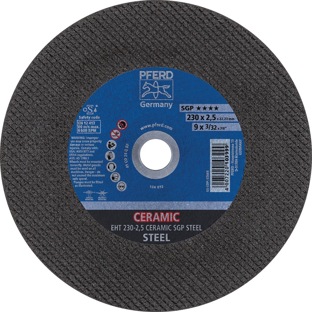 PFERD - Cutoff Wheels; Tool Compatibility: Angle Grinder ; Wheel Diameter (Inch): 9 ; Wheel Thickness (Inch): 3/32 ; Abrasive Material: Ceramic Oxide ; Maximum RPM: 6600.000 ; Grit: 46 - Exact Tooling
