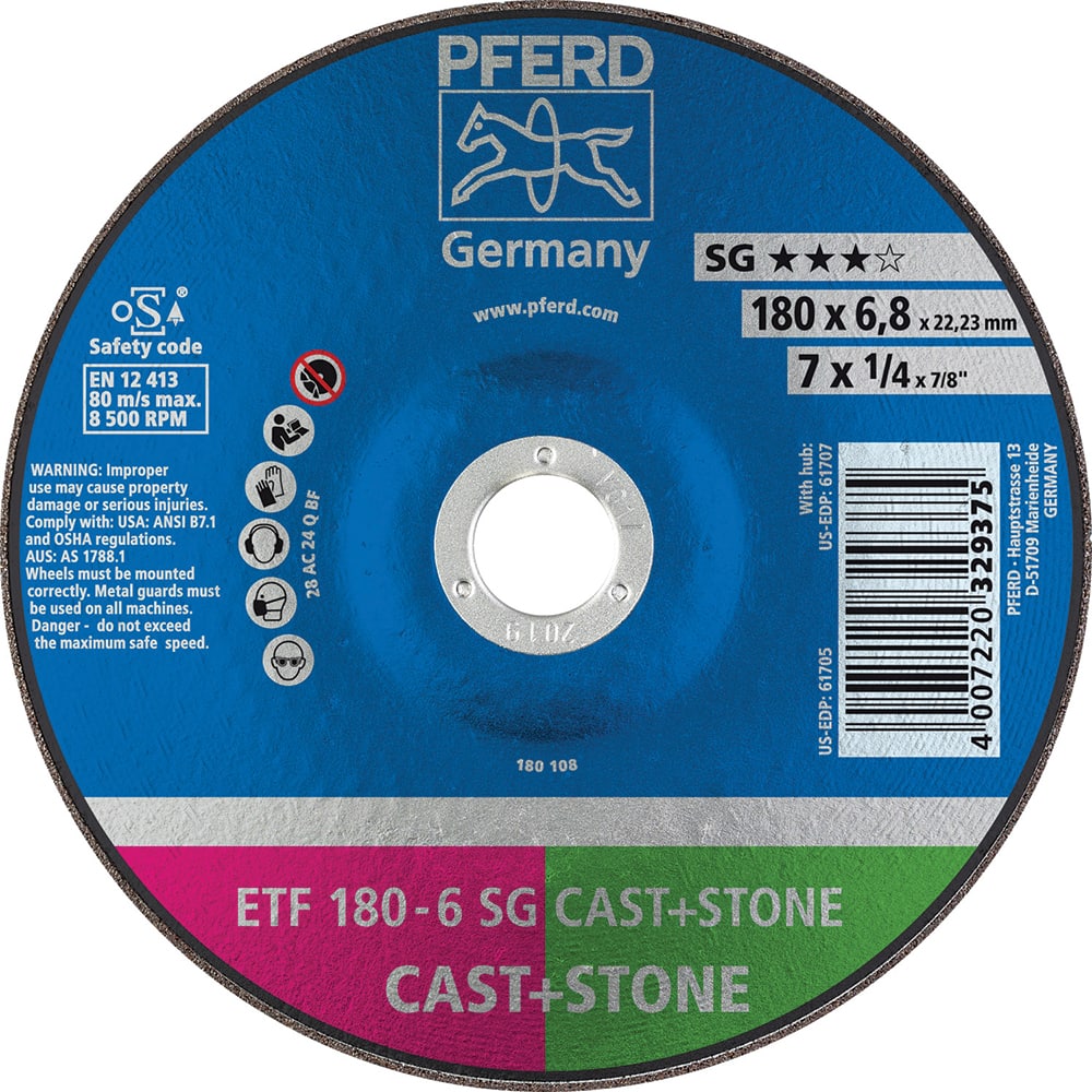 PFERD - Depressed-Center Wheels; Hole Size (Inch): 7/8 ; Connector Type: Arbor ; Wheel Type Number: Type 28 ; Abrasive Material: Aluminum Oxide/Silicon Carbide ; Maximum RPM: 8500.000 ; Bond Type: Resinoid - Exact Tooling