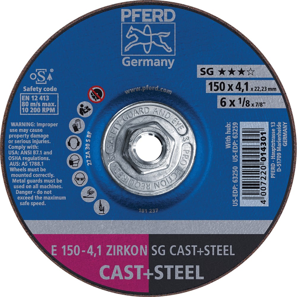 PFERD - Depressed-Center Wheels; Hole Thread Size: 5/8-11 ; Connector Type: Arbor ; Wheel Type Number: Type 27 ; Abrasive Material: Aluminum-Oxide; Zirconia Alumina ; Maximum RPM: 10200.000 ; Grit: 30 - Exact Tooling