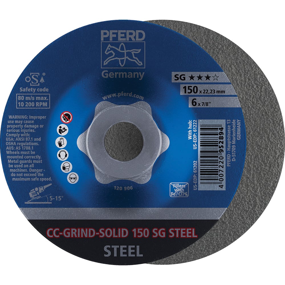 PFERD - Depressed-Center Wheels; Hole Size (Inch): 7/8 ; Connector Type: Arbor ; Wheel Type Number: Type 1 ; Abrasive Material: Steel ; Maximum RPM: 10200.000 ; Tool Compatibility: Angle Grinders - Exact Tooling