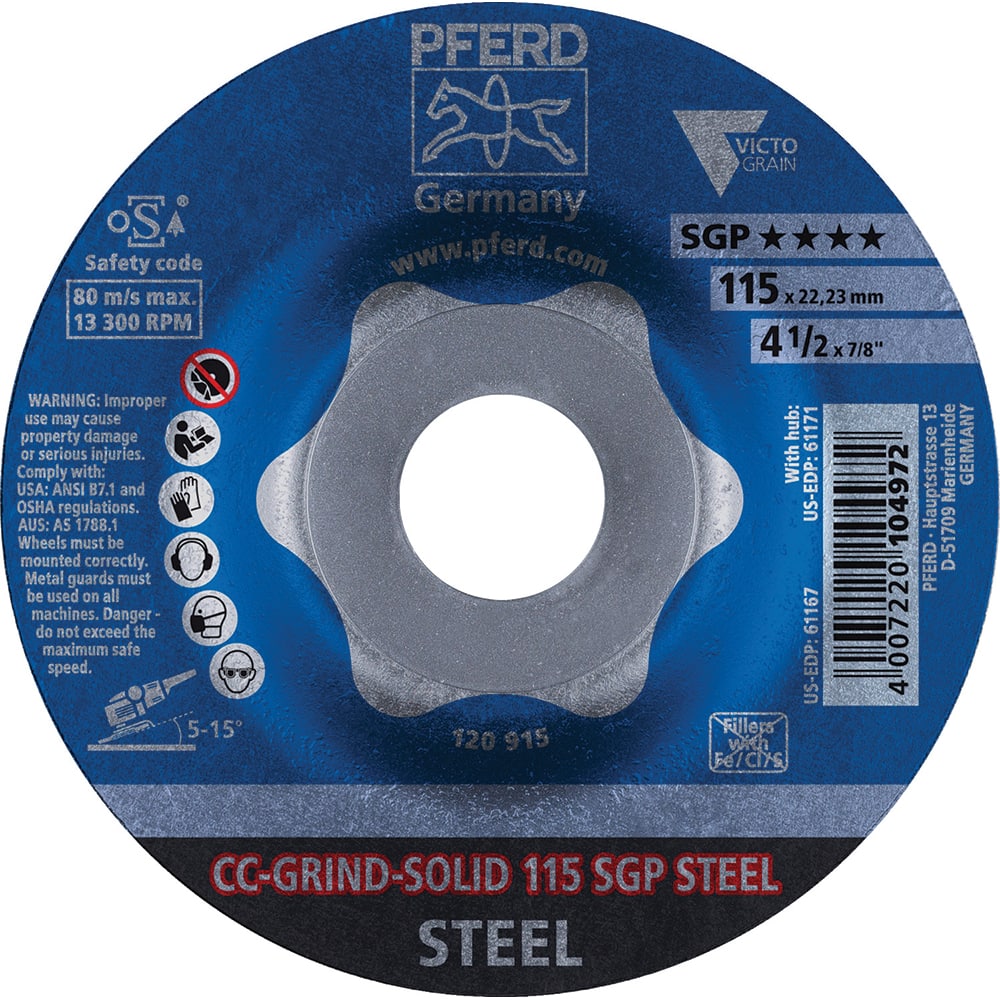 PFERD - Depressed-Center Wheels; Hole Size (Inch): 7/8 ; Connector Type: Arbor ; Wheel Type Number: Type 1 ; Abrasive Material: Steel ; Maximum RPM: 13300.000 ; Tool Compatibility: Angle Grinders - Exact Tooling