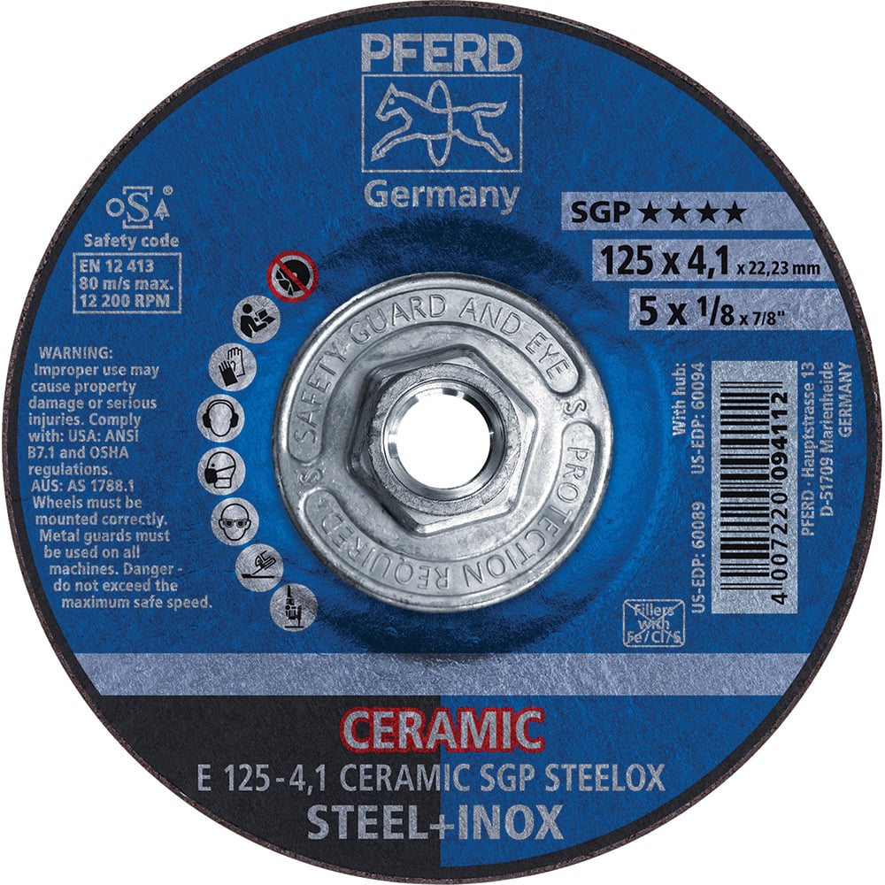 PFERD - Depressed-Center Wheels; Hole Thread Size: 5/8-11 ; Connector Type: Arbor ; Wheel Type Number: Type 27 ; Abrasive Material: Ceramic Oxide ; Maximum RPM: 12200.000 ; Grit: 24 - Exact Tooling