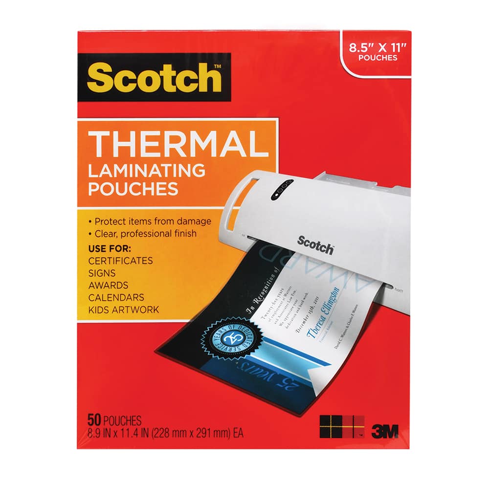 3M - Plastic Pouches; Height (Inch): 11 ; Width (Inch): 8-1/2 ; Type: Laminating Pouch ; Thickness (mil): 3.0000 ; Number of Pieces: 50.000 - Exact Tooling