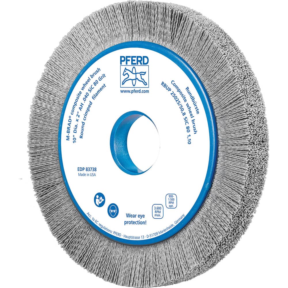 PFERD - Wheel Brushes; Outside Diameter (Inch): 10 ; Wire Type: Crimped; Round ; Fill Material: Nylon; Silicon Carbide ; Trim Length (Inch): 1-1/2 ; Filament Wire Diameter Range: 0.0300 & Above ; Maximum RPM: 3600.000 - Exact Tooling
