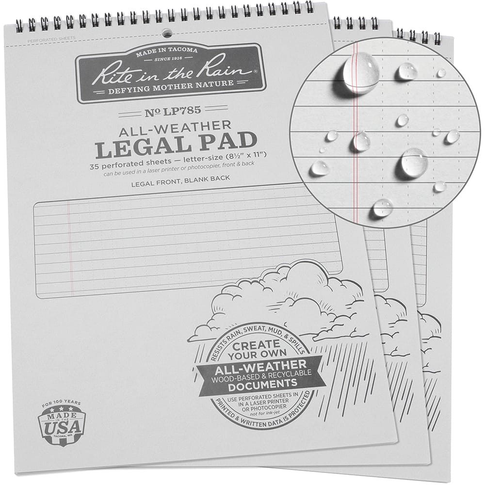 Rite in the Rain - Note Pads, Writing Pads & Notebooks; Writing Pads & Notebook Type: Legal Pad ; Size: 8-1/2 x 11" ; Number of Sheets: 35 ; Color: Gray ; Additional Information: Weatherproof - Exact Tooling