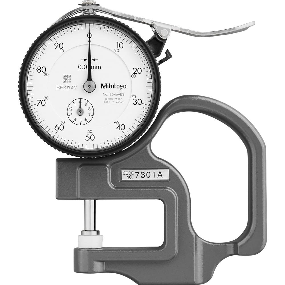 0 to 10mm Measurement, 0.01mm Graduation, 1.1811″ Throat Depth, Dial Thickness Gage 15 µm Accuracy, 1.4 N Force, 2″ Dial Diameter