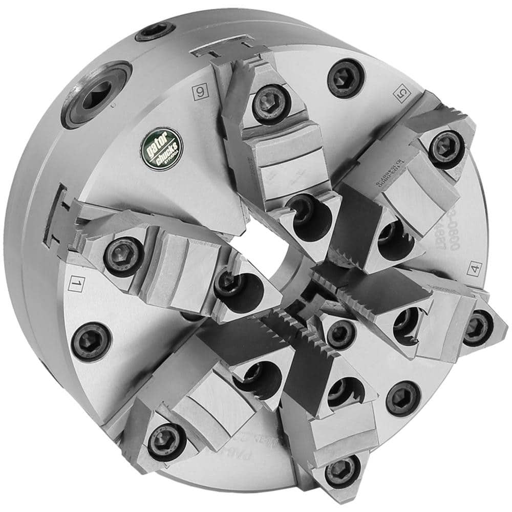Self-Centering Manual Lathe Chuck: 6-Jaw, 8″ Dia Two-Piece Jaws, Front Mount, Adjustable, 2,200 Max RPM
