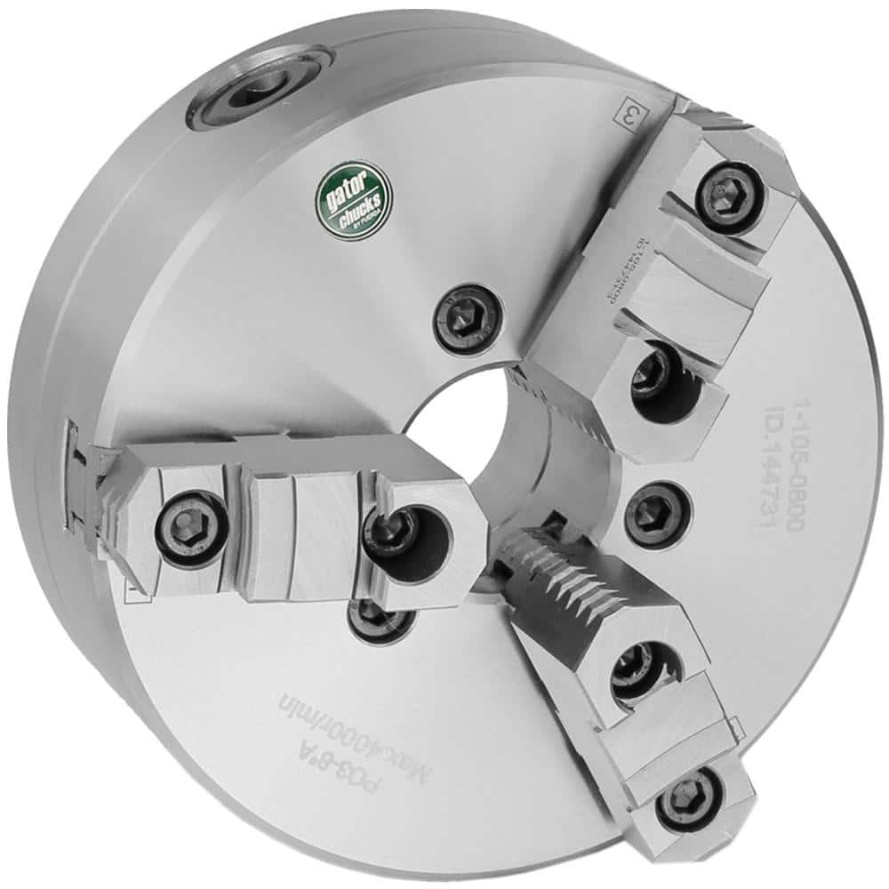 Self-Centering Manual Lathe Chuck: 3-Jaw, 8″ Dia Two-Piece Jaws, Plain Back Mount, 4,000 Max RPM