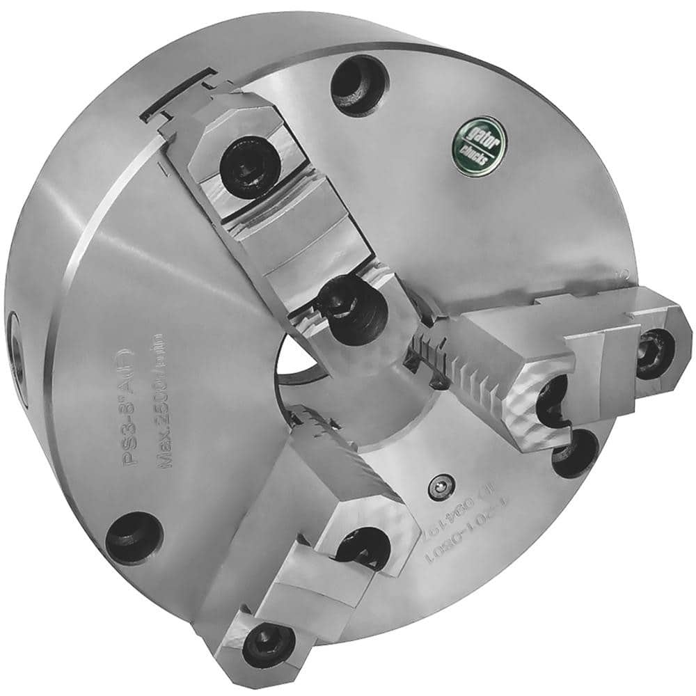Self-Centering Manual Lathe Chuck: 3-Jaw, 8″ Dia Two-Piece Jaws, Front Mount, 2,500 Max RPM