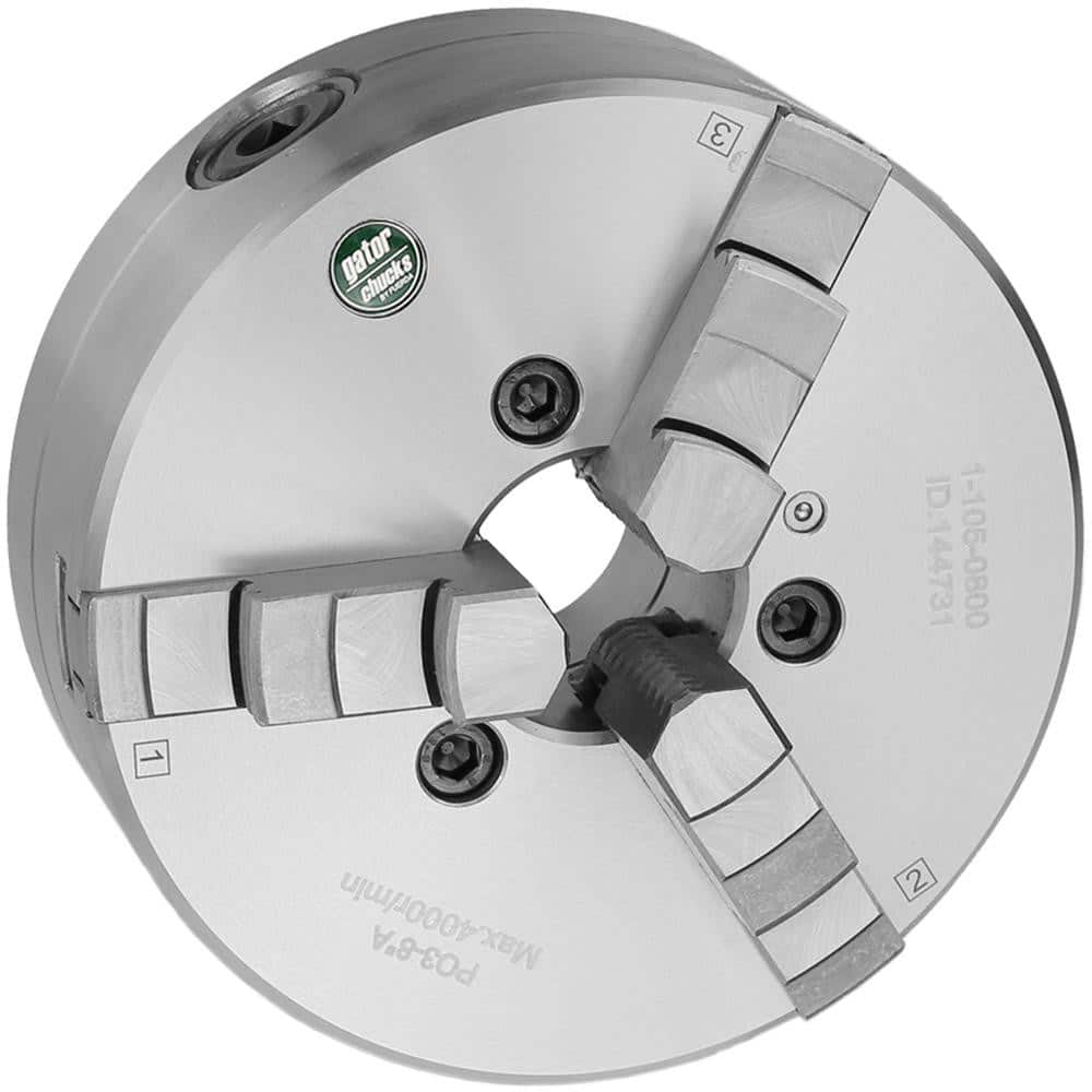 Self-Centering Manual Lathe Chuck: 3-Jaw, 8″ Dia Hard & Solid Jaws, Plain Back Mount, 4,000 Max RPM