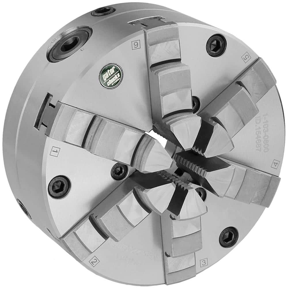 Self-Centering Manual Lathe Chuck: 6-Jaw, 8″ Dia Hard & Solid Jaws, Front Mount, Adjustable, 2,200 Max RPM