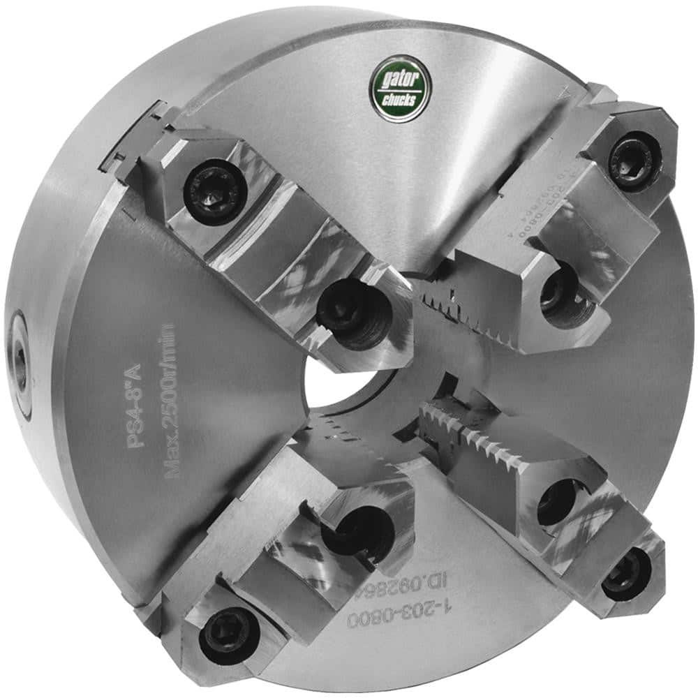 Self-Centering Manual Lathe Chuck: 4-Jaw, 8″ Dia Two-Piece Jaws, Plain Back Mount, 2,500 Max RPM