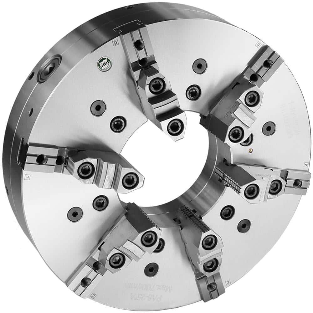 Self-Centering Manual Lathe Chuck: 6-Jaw, 25″ Dia Two-Piece Jaws, Front Mount, Adjustable, 700 Max RPM