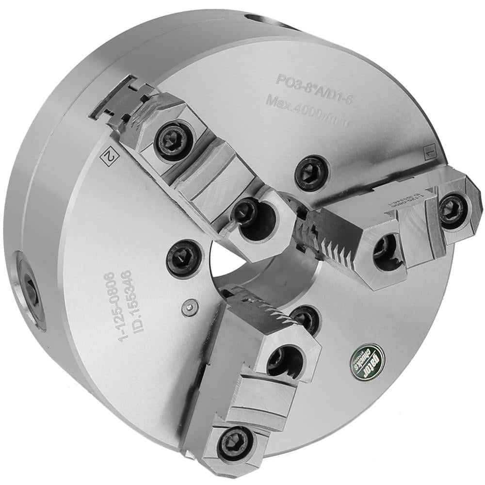 Self-Centering Manual Lathe Chuck: 3-Jaw, 8″ Dia Two-Piece Jaws, Direct & D1-5 Mount, 4,000 Max RPM