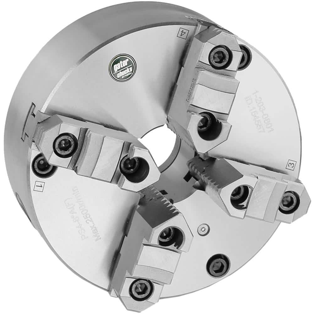 Self-Centering Manual Lathe Chuck: 4-Jaw, 8″ Dia Two-Piece Jaws, Front Mount, 2,500 Max RPM