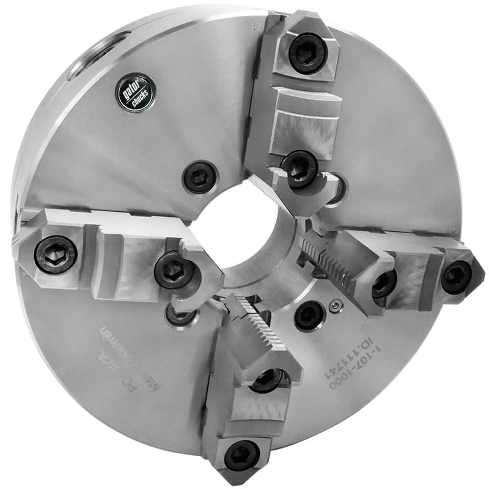 Self-Centering Manual Lathe Chuck: 4-Jaw, 6″ Dia Two-Piece Jaws, Plain Back Mount, 4,500 Max RPM