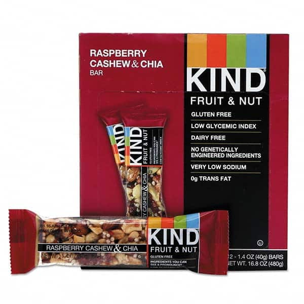 KIND - Snacks, Cookies, Candy & Gum Breakroom Accessory Type: Granola Bars Breakroom Accessory Description: Fruit and Nut Bars, Raspberry Cashew & Chia, 1.4 oz Bar, 12/Box - Exact Tooling