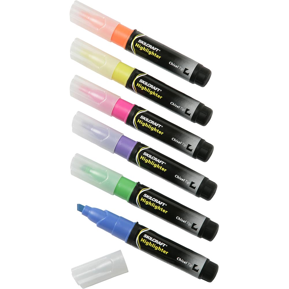 Ability One - Markers & Paintsticks; Type: Highlighter ; Color: Green; Yellow; Orange; Purple; Pink; Blue ; Ink Type: Water Base ; Tip Type: Chisel - Exact Tooling