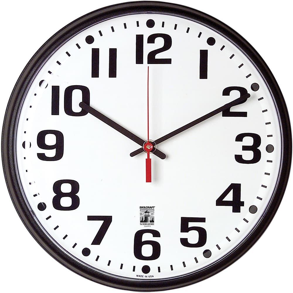 Ability One - Wall Clocks; Type: Wall Clock ; Display Type: Analog ; Power Source: (1) AA Battery ; Face Color: White ; Case Color: Black ; Face Diameter: 12-3/4 (Inch) - Exact Tooling