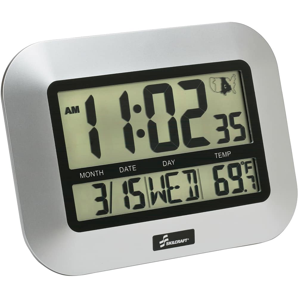 Ability One - Wall Clocks; Type: Radio Clock ; Display Type: LCD Digital ; Power Source: AAA Batteries ; Face Color: Gray ; Width (Inch): 7-1/4 ; Height (Inch): 9-3/4 - Exact Tooling