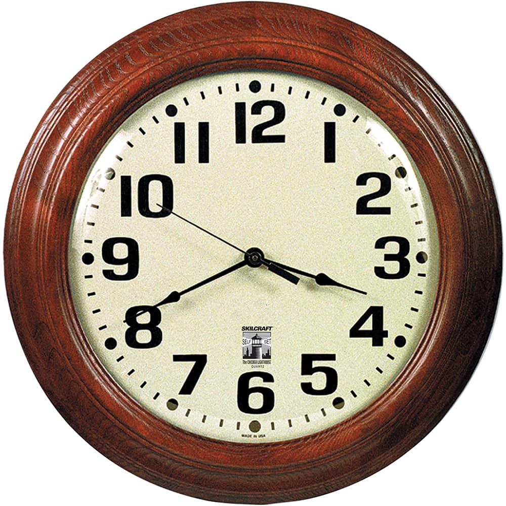 Ability One - Wall Clocks; Type: Wall Clock ; Display Type: Analog ; Power Source: Battery ; Face Color: White ; Case Color: Brown ; Face Diameter: 16 (Inch) - Exact Tooling