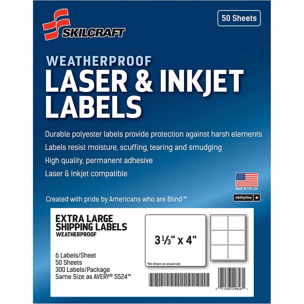 Ability One - Labels, Ribbons & Tapes; Type: Mailing Labels ; Color: White ; For Use With: Laser & Inkjet Printers ; Width (Decimal Inch): 3.33 ; Length (Inch): 4 ; Number of Labels: 500 - Exact Tooling