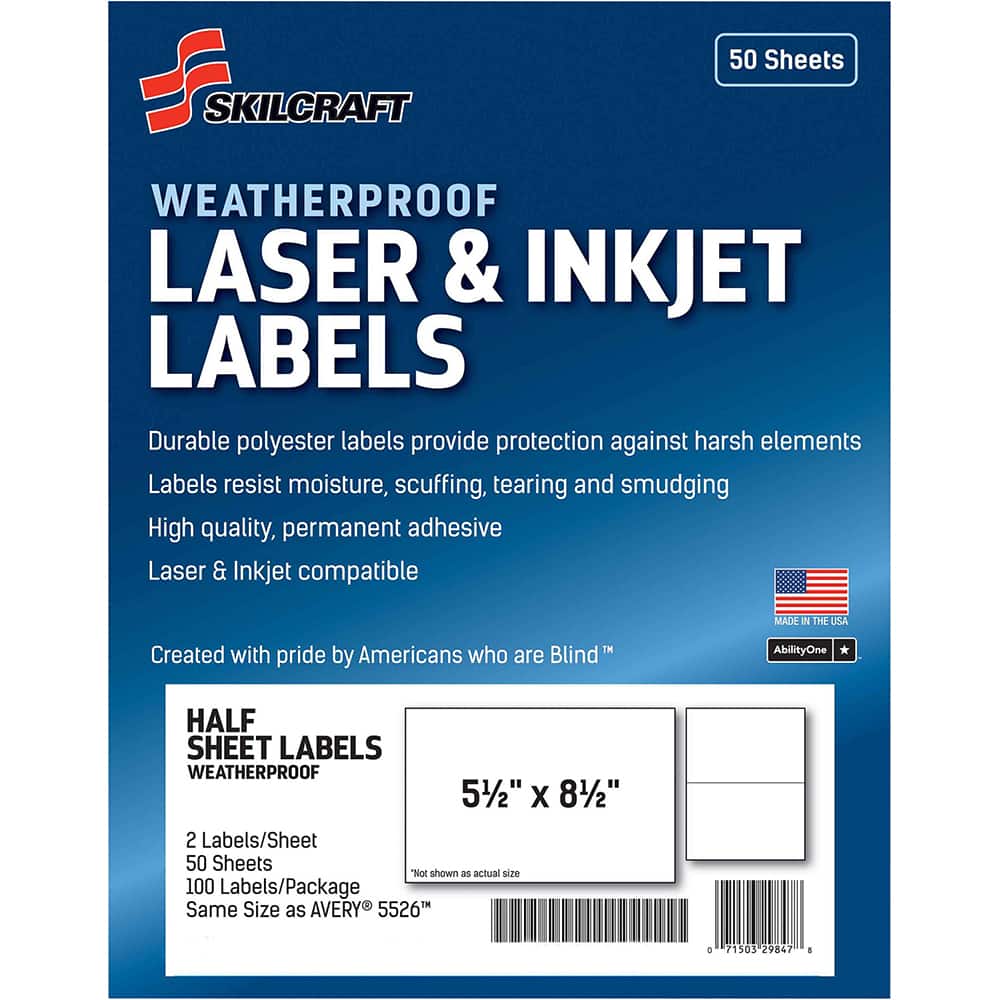 Ability One - Labels, Ribbons & Tapes; Type: Mailing Labels ; Color: White ; For Use With: Laser & Inkjet Printers ; Width (Inch): 5-1/2 ; Length (Inch): 8-1/2 ; Number of Labels: 100 - Exact Tooling