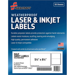 Ability One - Labels, Ribbons & Tapes; Type: Mailing Labels ; Color: White ; For Use With: Laser & Inkjet Printers ; Width (Inch): 5-1/2 ; Length (Inch): 8-1/2 ; Number of Labels: 100 - Exact Tooling
