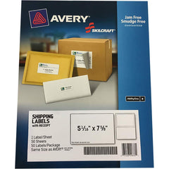 Ability One - Labels, Ribbons & Tapes; Type: Shipping Label w/Paper Receipt ; Color: White ; For Use With: Laser Printers ; Width (Inch): 5-1/16 ; Length (Inch): 7-5/8 ; Number of Labels: 50 - Exact Tooling