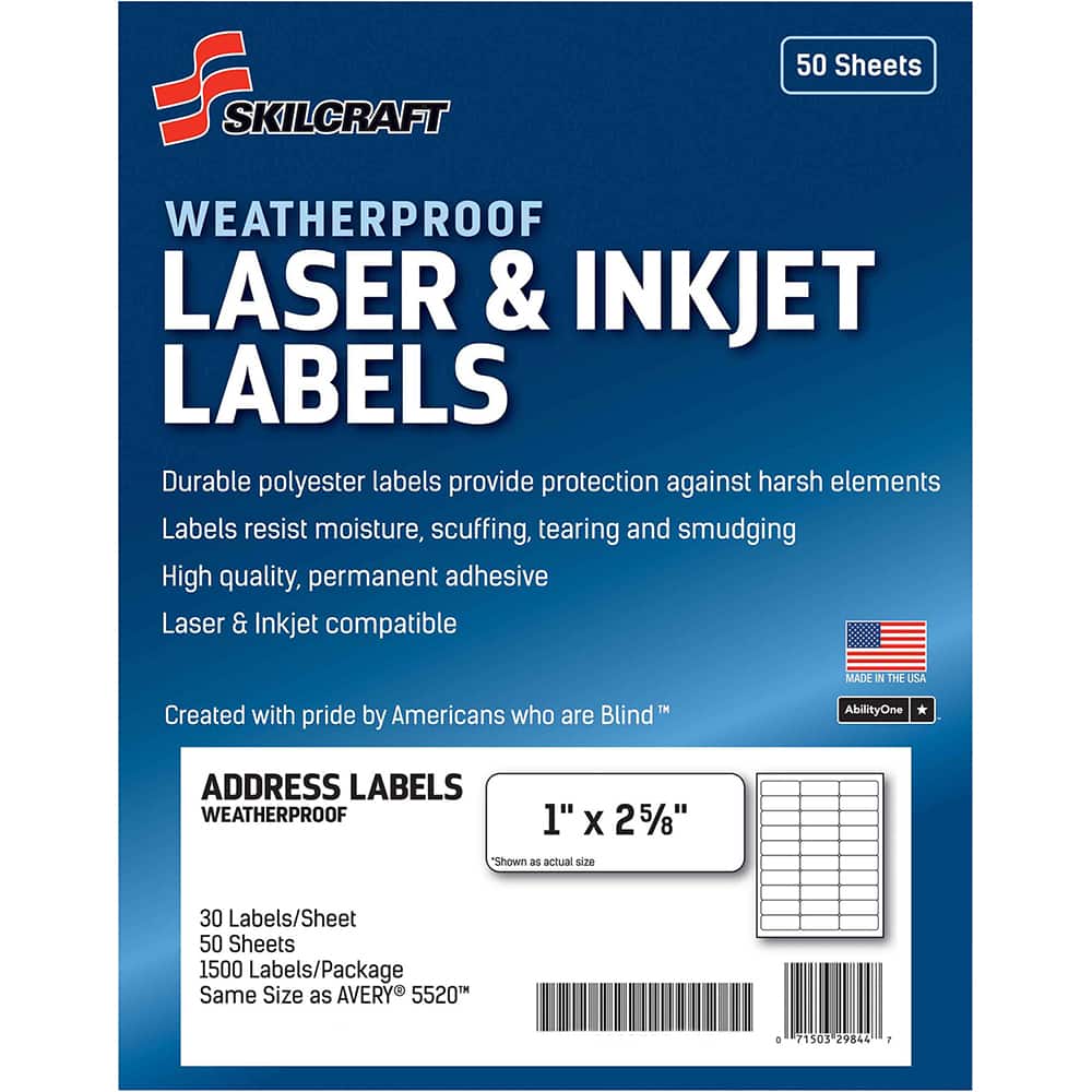 Ability One - Labels, Ribbons & Tapes; Type: Mailing Labels ; Color: White ; For Use With: Laser & Inkjet Printers ; Width (Inch): 1 ; Length (Inch): 2-5/8 ; Number of Labels: 500 - Exact Tooling