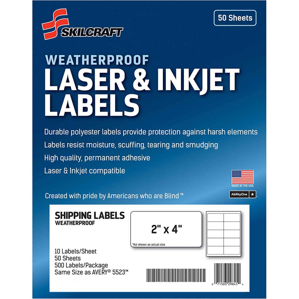 Ability One - Labels, Ribbons & Tapes; Type: Mailing Labels ; Color: White ; For Use With: Laser & Inkjet Printers ; Width (Inch): 2 ; Length (Inch): 4 ; Number of Labels: 500 - Exact Tooling