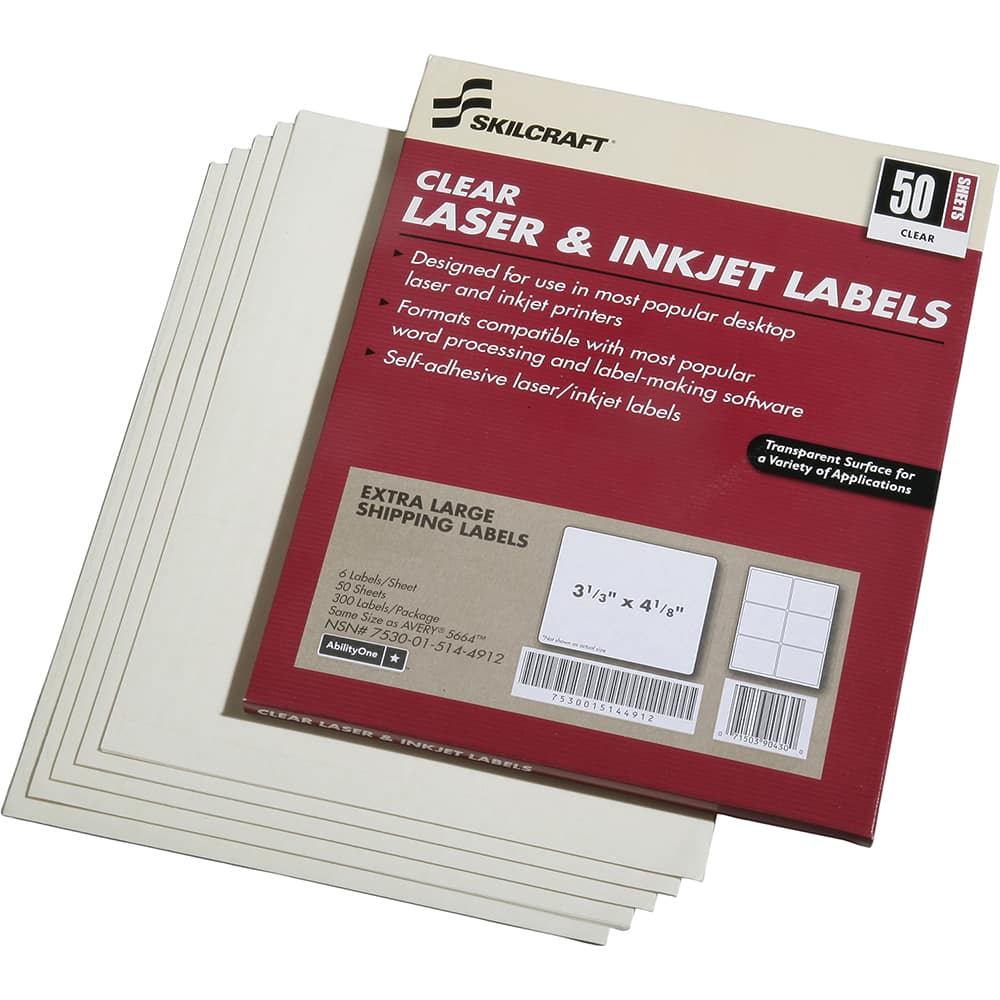 Ability One - Labels, Ribbons & Tapes; Type: Address Labels ; Color: White ; For Use With: Laser & Inkjet Printers ; Width (Inch): 4-1/8 ; Length (Inch): 3.33 ; Number of Labels: 50 - Exact Tooling