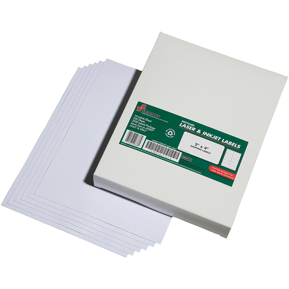 Ability One - Labels, Ribbons & Tapes; Type: Address Labels ; Color: White ; For Use With: Laser & Inkjet Printers ; Width (Inch): 2 ; Length (Inch): 4 ; Number of Labels: 2500 - Exact Tooling