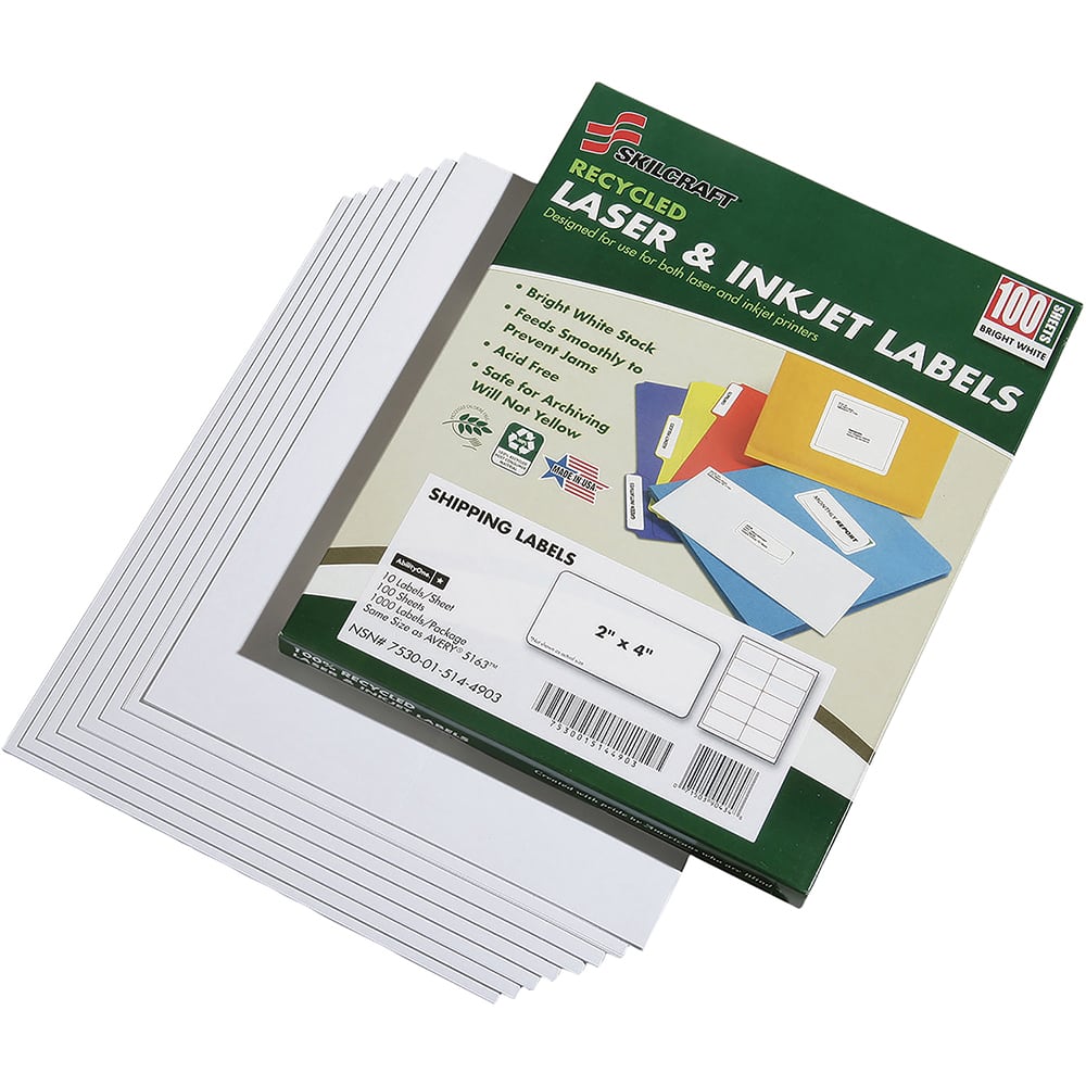 Ability One - Labels, Ribbons & Tapes; Type: Shipping Label ; Color: White ; For Use With: Laser & Inkjet Printers ; Width (Inch): 2 ; Length (Inch): 4 ; Number of Labels: 1000 - Exact Tooling