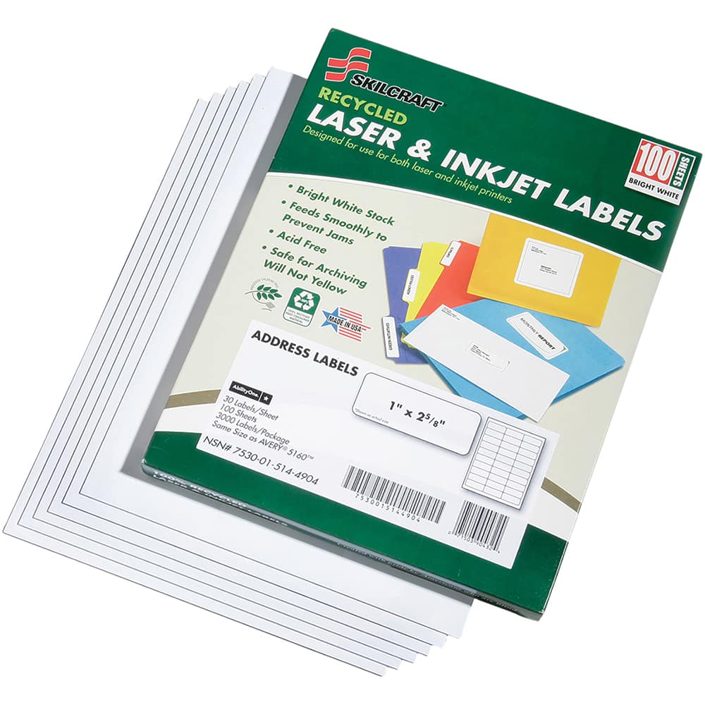 Ability One - Labels, Ribbons & Tapes; Type: Address Labels ; Color: White ; For Use With: Laser & Inkjet Printers ; Width (Inch): 1 ; Length (Inch): 2-5/8 ; Number of Labels: 1000 - Exact Tooling