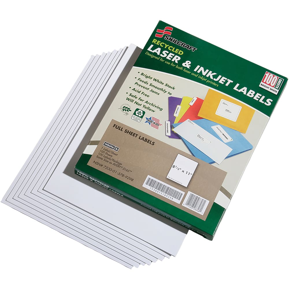 Ability One - Labels, Ribbons & Tapes; Type: Labels ; Color: White ; For Use With: Laser & Inkjet Printers ; Width (Inch): 8-1/2 ; Length (Inch): 11 ; Number of Labels: 100 - Exact Tooling