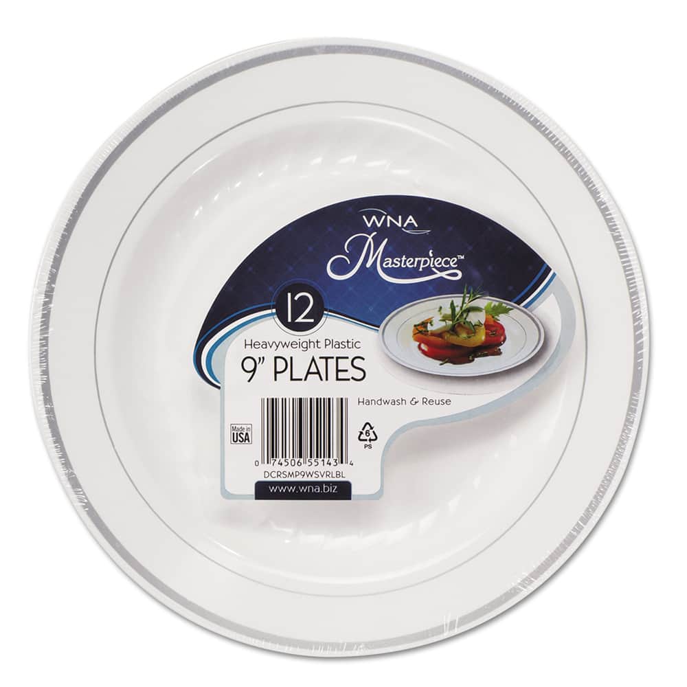 WNA - Paper & Plastic Cups, Plates, Bowls & Utensils; Breakroom Accessory Type: Plates ; Breakroom Accessory Description: Dinnerware-Plate; Plastic ; Color: White/Silver - Exact Tooling