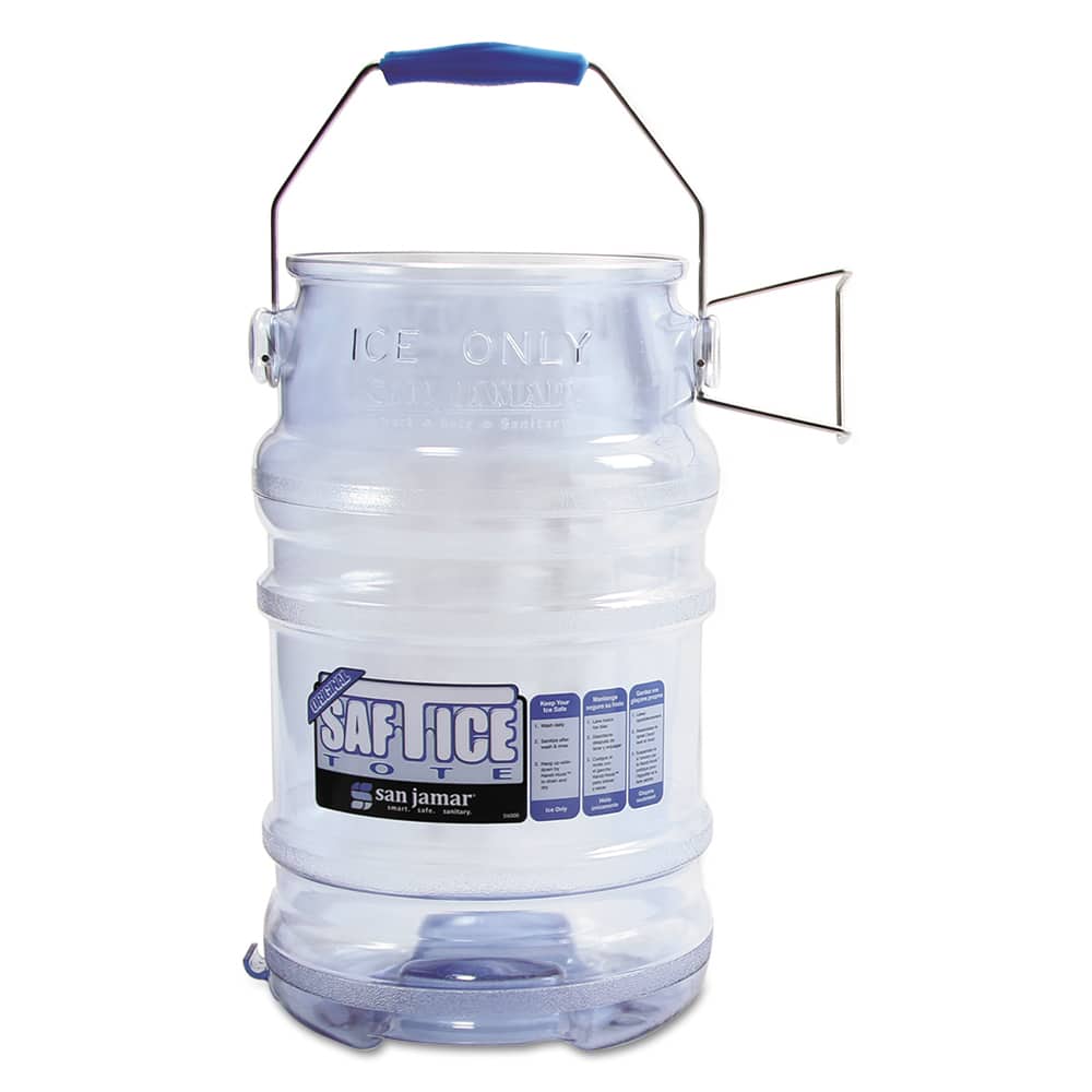 San Jamar - Portable Coolers; Color: Transparent Blue ; Material: Plastic ; Depth (Inch): 13 ; Width/Diameter (Inch): 8-7/8 ; Special Item Information: Tri-Grip? Design Reduces Back Injuries ; Includes: (1) Tote - Exact Tooling