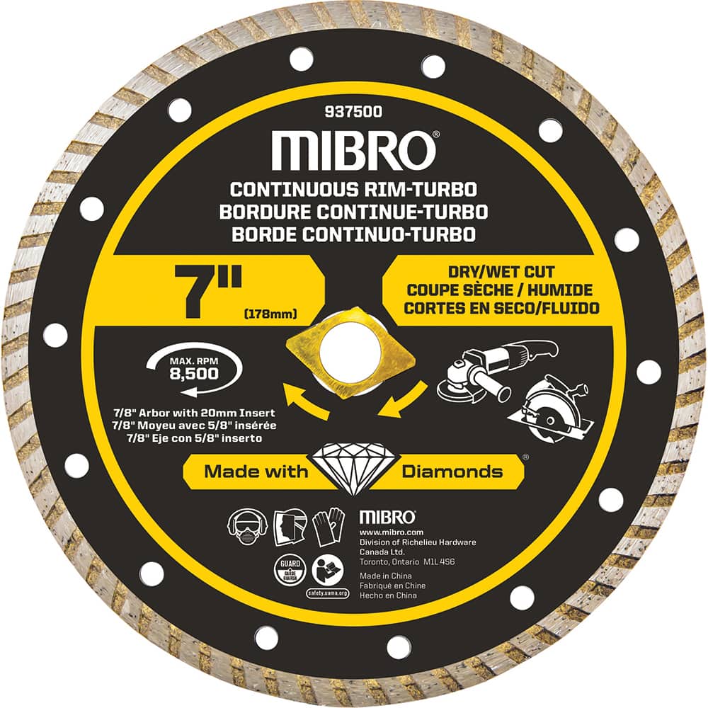 Mibro - Wet & Dry-Cut Saw Blades; Blade Diameter (Inch): 7 ; Blade Material: Diamond Matrix ; Arbor Style: Round w/ Diamond Knockout ; Arbor Hole Diameter (mm): 20.00 ; Application: Tile ; Number of Teeth: Continuous Edge - Exact Tooling
