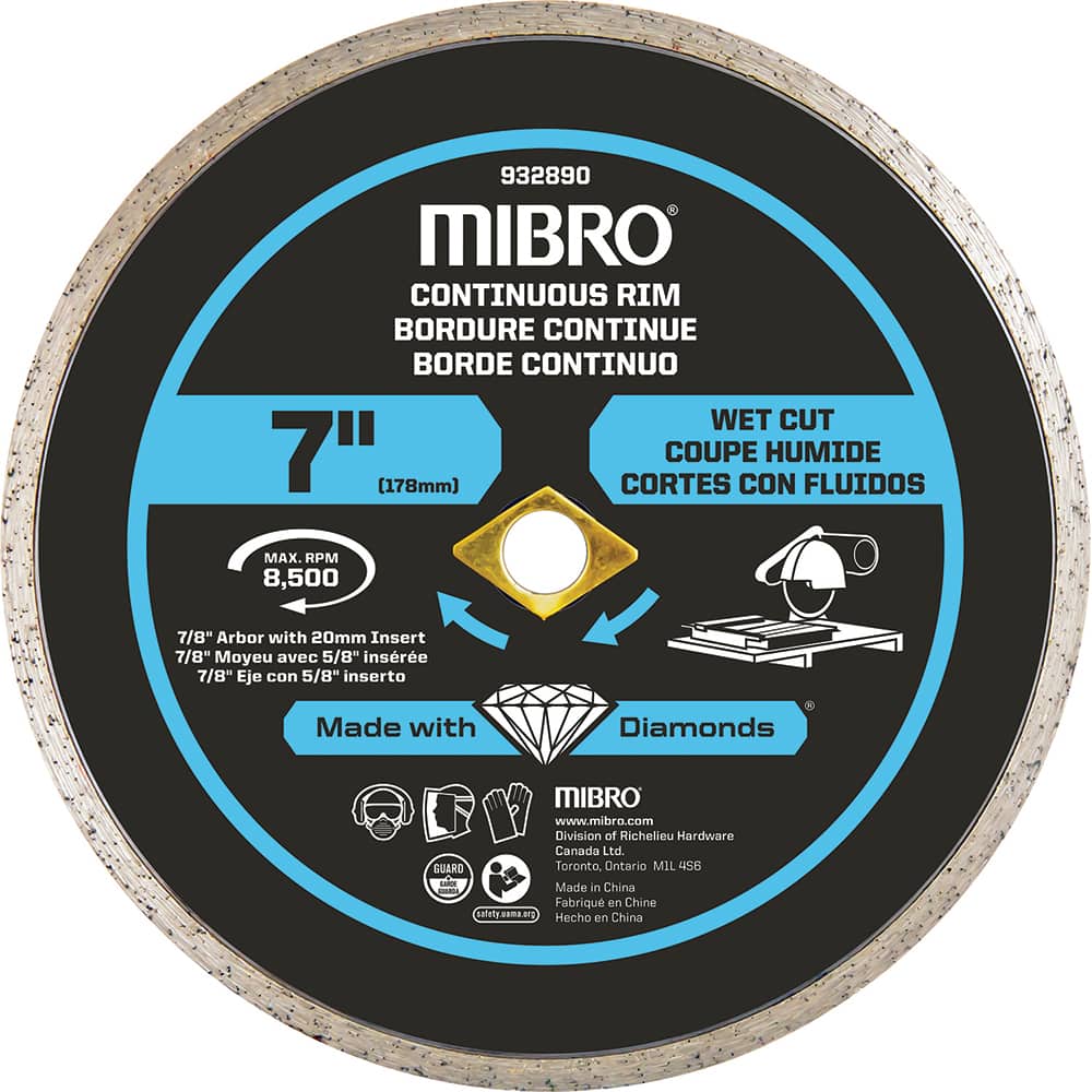 Mibro - Wet & Dry-Cut Saw Blades; Blade Diameter (Inch): 7 ; Blade Material: Diamond Matrix ; Arbor Style: Round w/ Diamond Knockout ; Arbor Hole Diameter (mm): 20.00 ; Application: Tile ; Number of Teeth: Continuous Edge - Exact Tooling