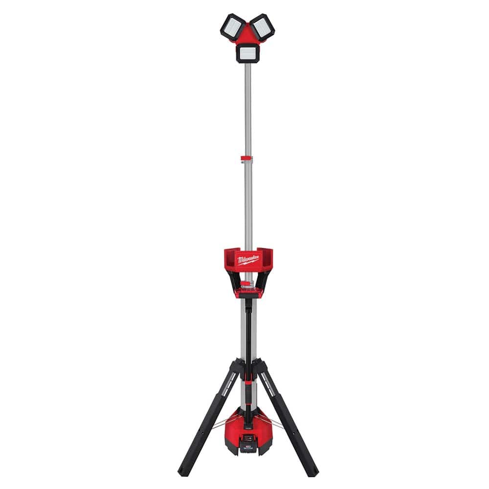 Milwaukee Tool - Cordless Work Lights; Voltage: 18 ; Run Time: 2 Hrs. ; Lumens: 6000 ; Color: Red/Black ; Special Item Information: 8 Hour Run Time at 3,000 Lumens; Tripod ; Includes: 2136-20 M18 ROCKET Tower Light/Charger, M18 8.0 Battery, Carry Bag - Exact Tooling