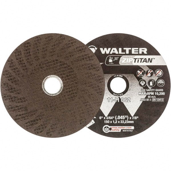 WALTER Surface Technologies - 6" Aluminum Oxide Cutoff Wheel - 3/64" Thick, 7/8" Arbor, 10,200 Max RPM, Use with Die Grinders - Exact Tooling