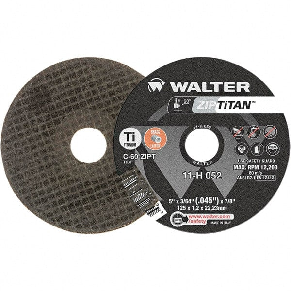 WALTER Surface Technologies - 5" Aluminum Oxide Cutoff Wheel - 3/64" Thick, 7/8" Arbor, 12,200 Max RPM, Use with Die Grinders - Exact Tooling