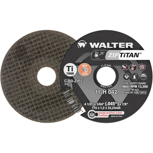 WALTER Surface Technologies - 4-1/2" Aluminum Oxide Cutoff Wheel - 3/64" Thick, 7/8" Arbor, 13,300 Max RPM, Use with Die Grinders - Exact Tooling