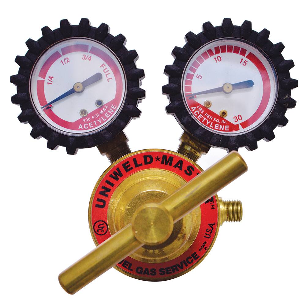 Made in USA - Welding Regulators; Gas Type: Acetylene ; CGA Inlet Connection: 520 ; Fitting Type: B L/H; Male ; Maximum Pressure (psi): 400.00 ; Thread Size: ?A? 24 (LH) ; Rotation: Clockwise - Exact Tooling