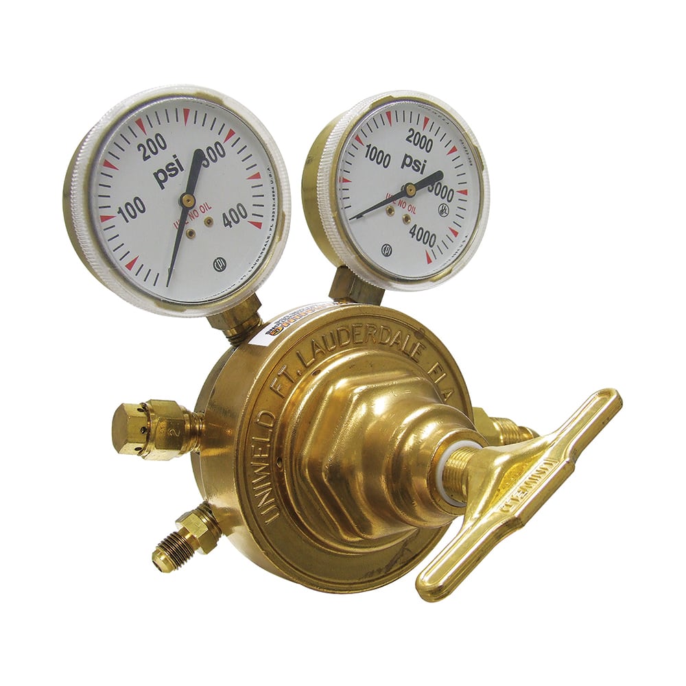 Made in USA - Welding Regulators; Gas Type: Nitrogen ; CGA Inlet Connection: 580 ; Fitting Type: Male ; Maximum Pressure (psi): 4000.00 ; Thread Size: 1/4 Male Flare ; Rotation: Clockwise - Exact Tooling